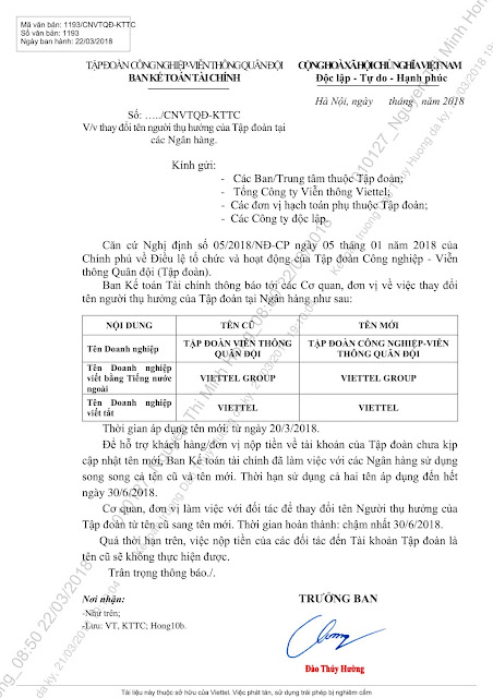 Thông báo thay đổi tên Tập đoàn viễn thông Quân đội thành Tập đoàn Công nghiệp – Viễn thông Quân đội